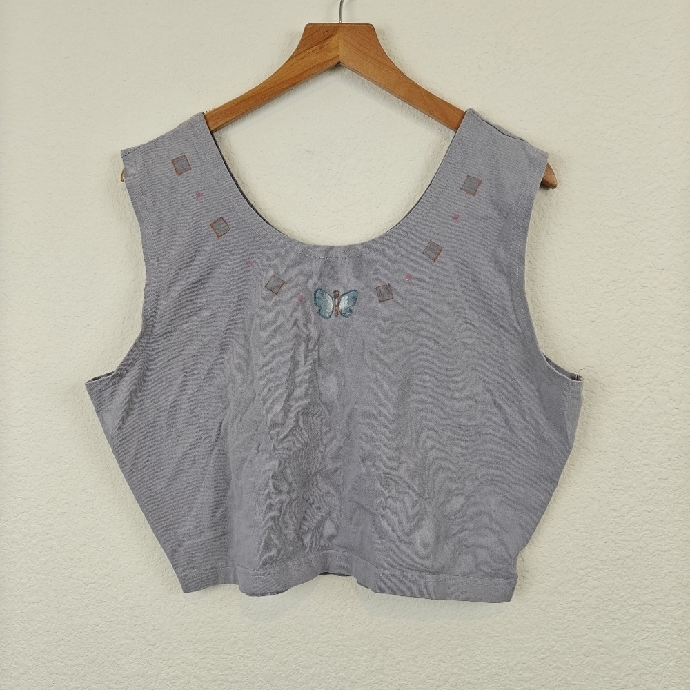 VTG Blue Fish Cropped Sleeveless Top Hand Painted Butterflies Cotton Size 2